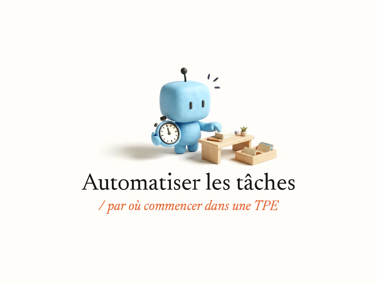 Bobby, la mascotte d’OpterIA en pâte à modeler bleu ciel, tient un grand chronomètre et montre une pile de fiches de tâches sur un petit bureau en bois, à côté d’un casier de tri : automatiser les tâches, par où commencer dans une TPE