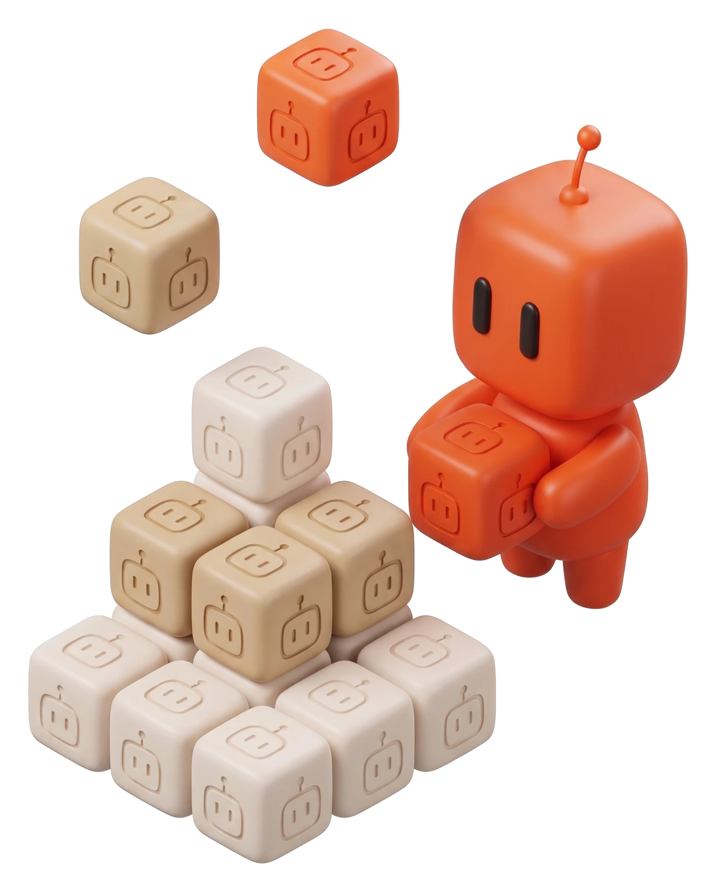 Bobby, la mascotte orange d’OpterIA, s’apprête à poser un cube orange sur une pyramide de cubes de données