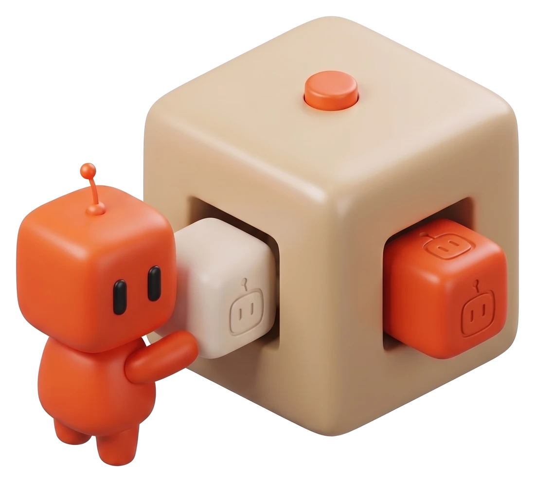 Bobby glisse un cube crème dans une machine en forme de cube, d’où ressort un cube orange