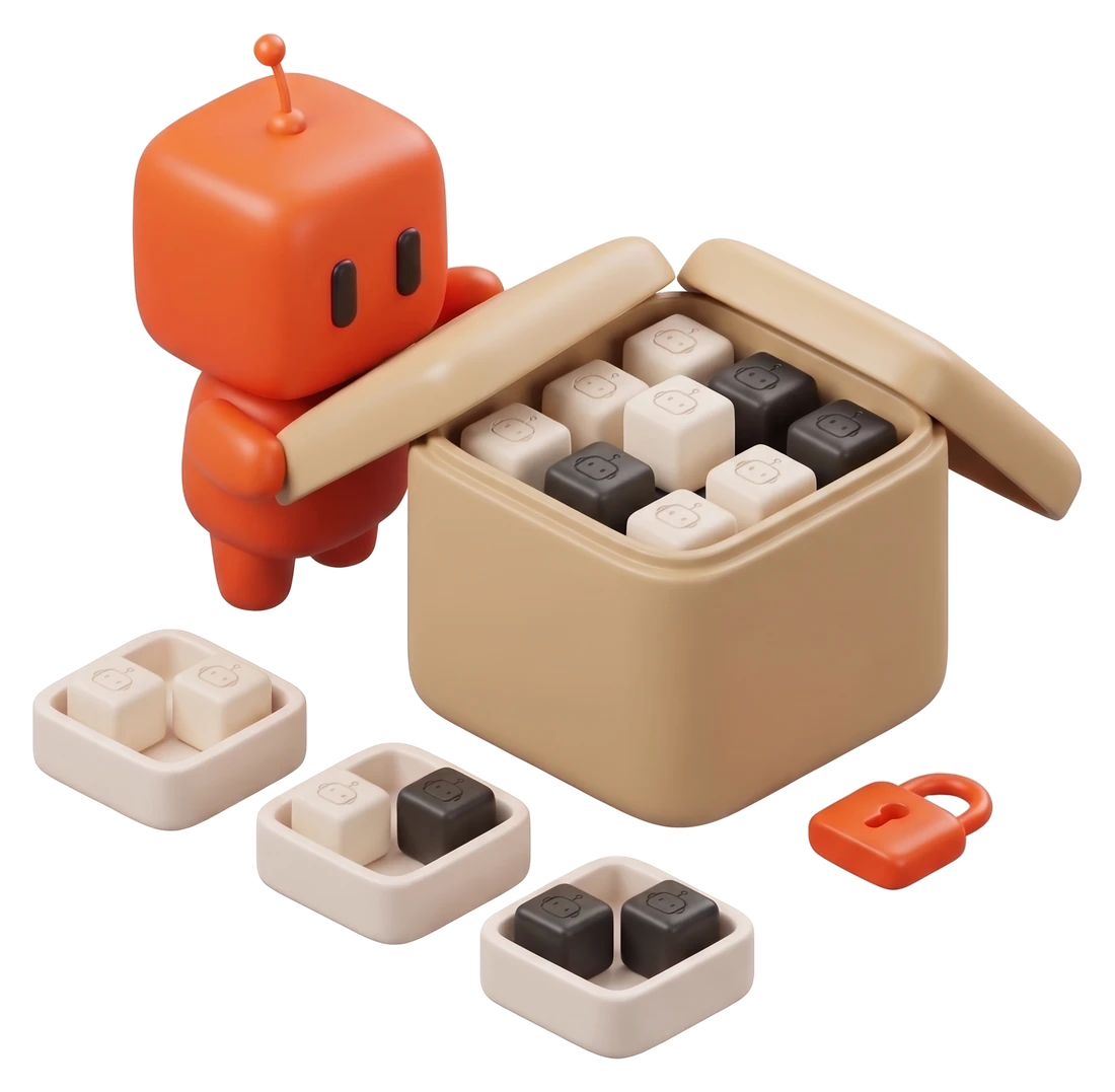 Bobby referme le couvercle d’une boîte pleine de cubes, à côté d’un petit cadenas orange et de trois petits plateaux de cubes rangés séparément
