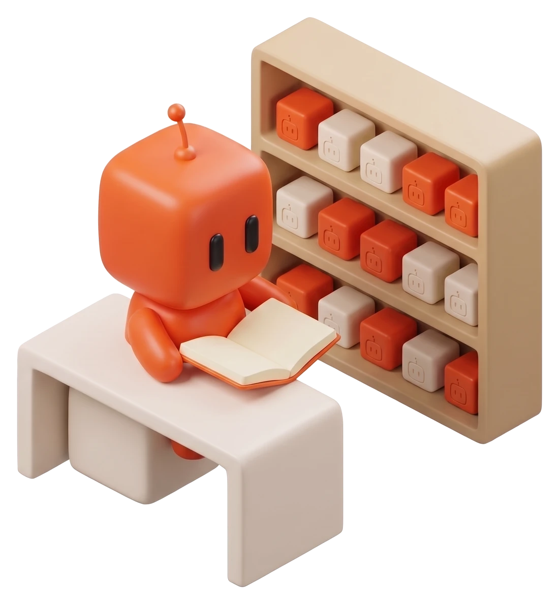 Bobby, assis à un petit bureau, lit un cahier ouvert, des cubes rangés sur une étagère derrière lui