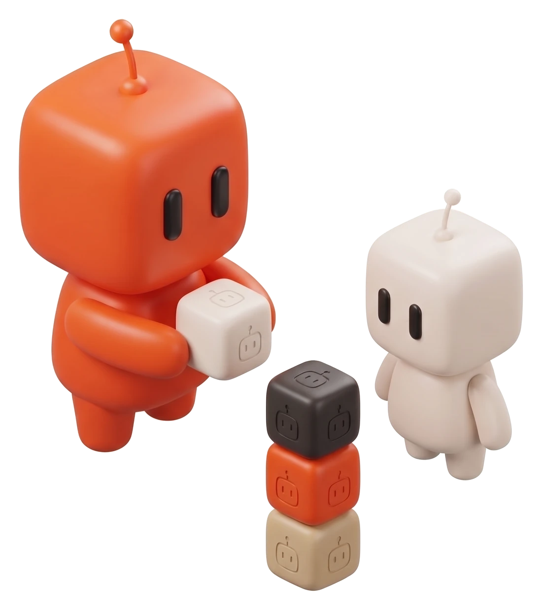 Bobby tend un cube à un petit robot crème de la même famille, de part et d’autre d’une petite pile de cubes, comme pour lui apprendre